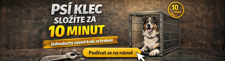 Banner propagující montáž psí klece za 10 minut, s obrázkem psa v kovové kleci a tlačítkem 'Podívat se na návod'